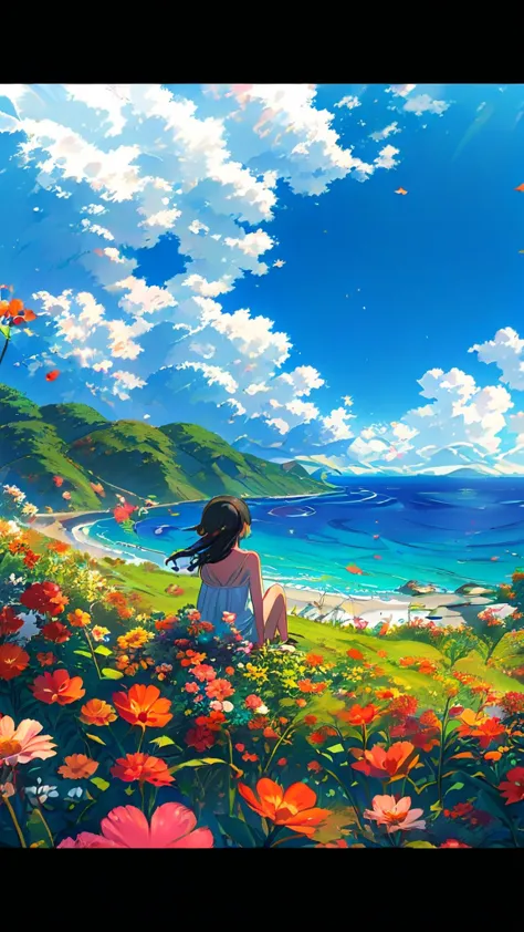anime girl sitting on a hill overlooking the ocean and flowers, anime beautiful peace scene, beautiful anime scene, beautiful an...