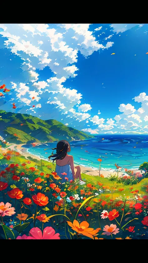 anime girl sitting on a hill overlooking the ocean and flowers, anime beautiful peace scene, beautiful anime scene, beautiful an...