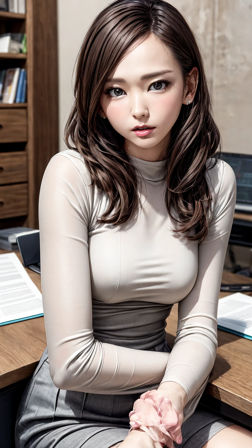 8K quality、High resolution、Sexy suit woman、Realistic skin texture、High resolutionの肌、、Princess Hair、thin、Small breasts、Open the mouth to reveal a realistic tongue、Thin legs、、Full Body Shot、Moist lips、Sitting at a desk looking at documents