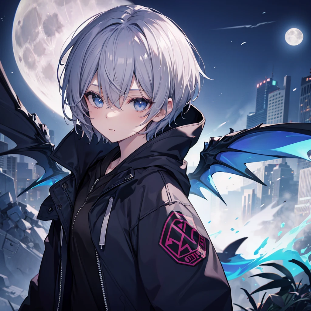 ((((grim Reaper　inflammation))))　(((Gray Hair　Short Hair　blue eyes　female　Close-up)))，((night　full moon　My own big wings))，(Wearing a hood　Black hoodie　Purple light)，　A tense look　Shining Background　Shining Edge