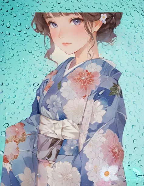 anime girl in blue kimono with flowers and raindrops, in kimono, in a kimono, inspired by shinsui ito, written by nobuzada yanag...