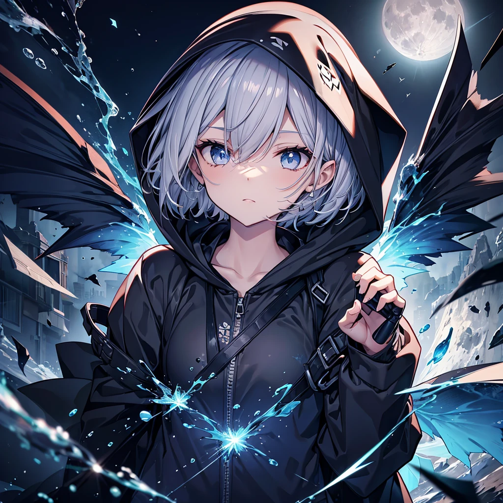 ((((grim Reaper　inflammation))))　(((Gray Hair　Short Hair　blue eyes　female　Close-up)))，((night　full moon　My own big wings))，(Wearing a hood　Black hoodie　Purple light)，　A tense look　Shining Background　Shining Edge