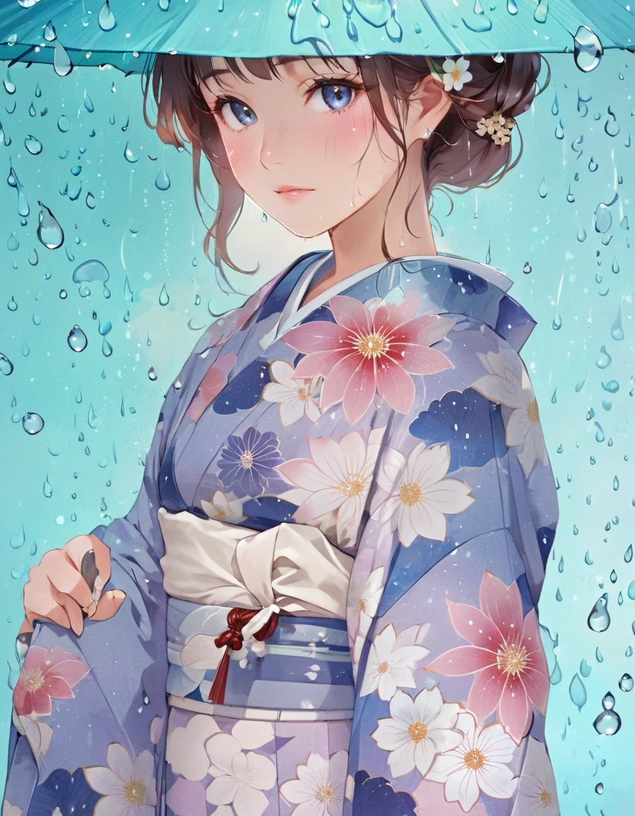 Chica anime con kimono azul con flores y gotas de lluvia., in kimono, in a kimono, Inspirado por Shinsui Ito, Escrito por Nobuzada Yanagawa, por Rei Kamoi, por Kusumi Morikage, Escrito por Eizan Kikukawa, Inspirado por Shoen Uemura, inspirado en Miho Hirano, Usando kimono, kimono