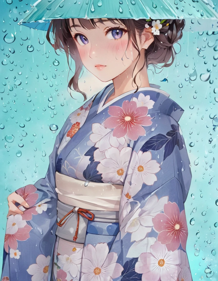 anime girl in blue kimono with flowers and raindrops, in kimono, in a kimono, Inspired by Shinsui Ito, Written by Nobuzada Yanagawa, by Rei Kamoi, by Kusumi Morikage, Written by Eizan Kikukawa, Inspired by Shoen Uemura, Inspired by Miho Hirano, wearing kimono, kimono