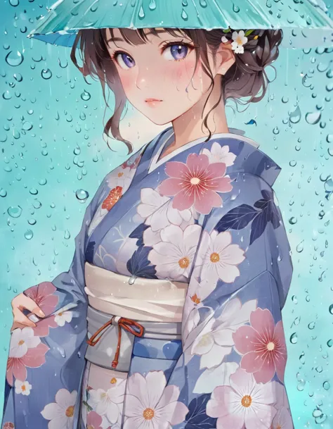 anime girl in blue kimono with flowers and raindrops, in kimono, in a kimono, Inspired by Shinsui Ito, Written by Nobuzada Yanag...