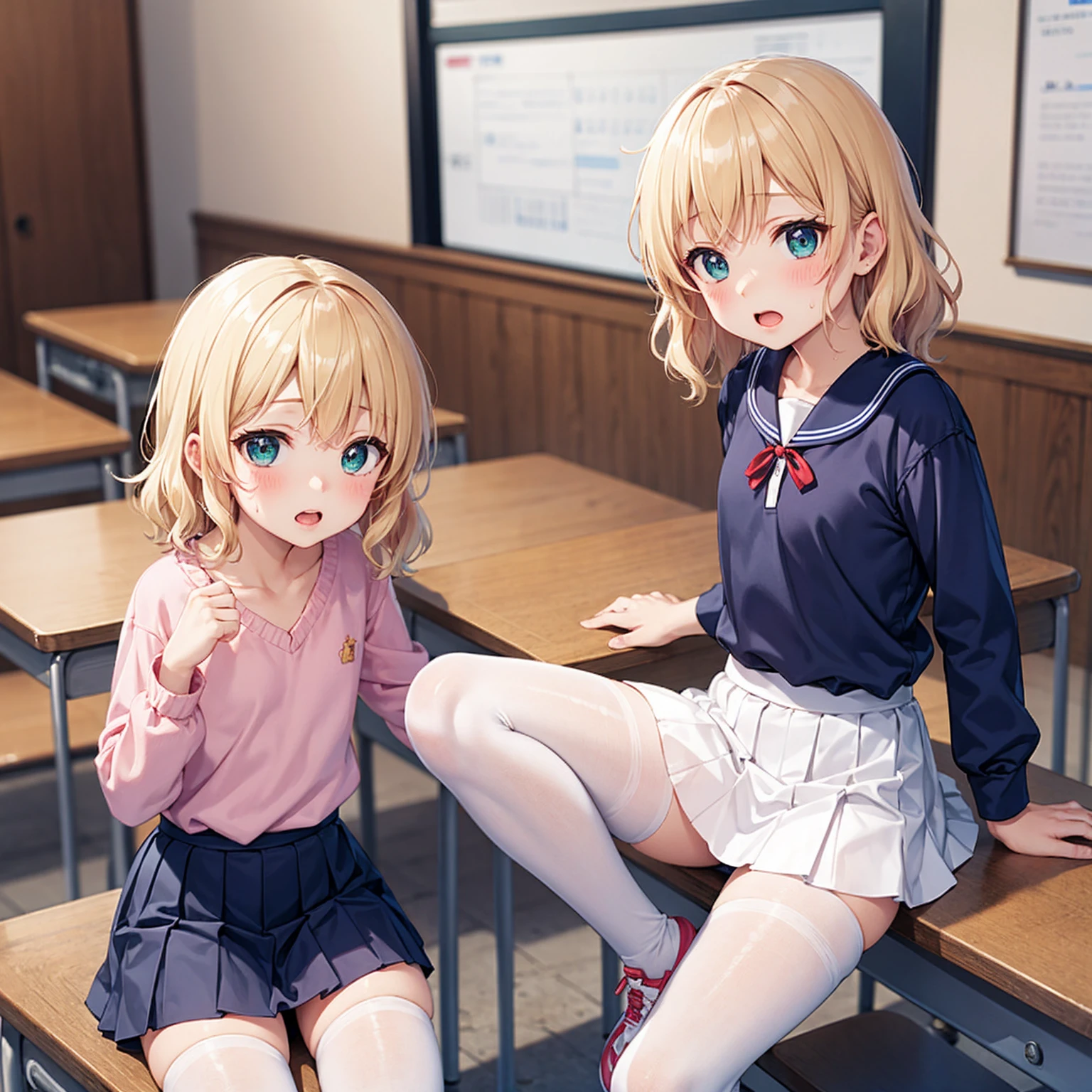 Highest quality,Highest quality,One Girl,One boy,((((10 years old)))),Flat Chest,orgasm,blush, Sweat, Sakurai Momoka,blonde,White Sarah Outfit,Navy Blue Skirt, It is not a pleated skirt,whole body,classroom, White Pantyhose、Navy Blue Skirtをめくる、Spread your legs