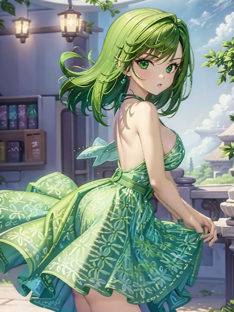 1girl, solo, beautiful girl, green skin, green eyes, big eyes, long eyelashes, green hair, short hair, shiny hair, asymmetrical bangs, asymmetrical hair, medium breasts, green dress, strapless dress, floral print dress, short dress, green belt, purple scarf, looking at viewer, bare arms, bare shoulders, disgust face, narrow waist, big butt, violet lips, lip gloss, makeup, perfect hands, perfect anatomy, dress pull, breasts slip, nipple slip, puffy nipples, cleavage, topless, partially undressed, partially naked, breasts focus, purple background, round windows, inside, from side,