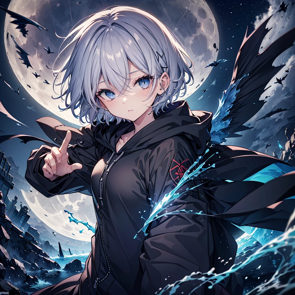 ((((grim Reaper　inflammation))))　(((Gray Hair　Short Hair　blue eyes　female　Close-up)))，((night　full moon　My own big wings))，(Wearing a hood　Black hoodie　Purple light)，　A tense look　Shining Background　Shining Edge