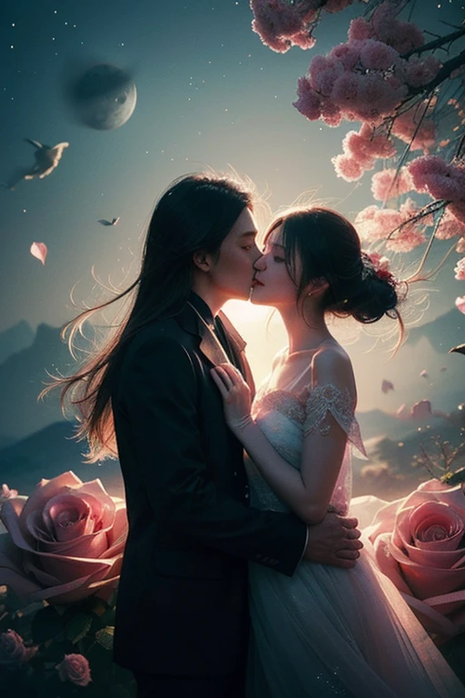 ,1 moon，Romantic couple kissing in the wind，anatomy correct, Delicate pattern，Oriental elements，Ink painting style, Clean colors,Pink rose space, Soft lighting, ( Bokeh)，Masterpiece, Super detailed, Epic composition, Highest quality, 8K，