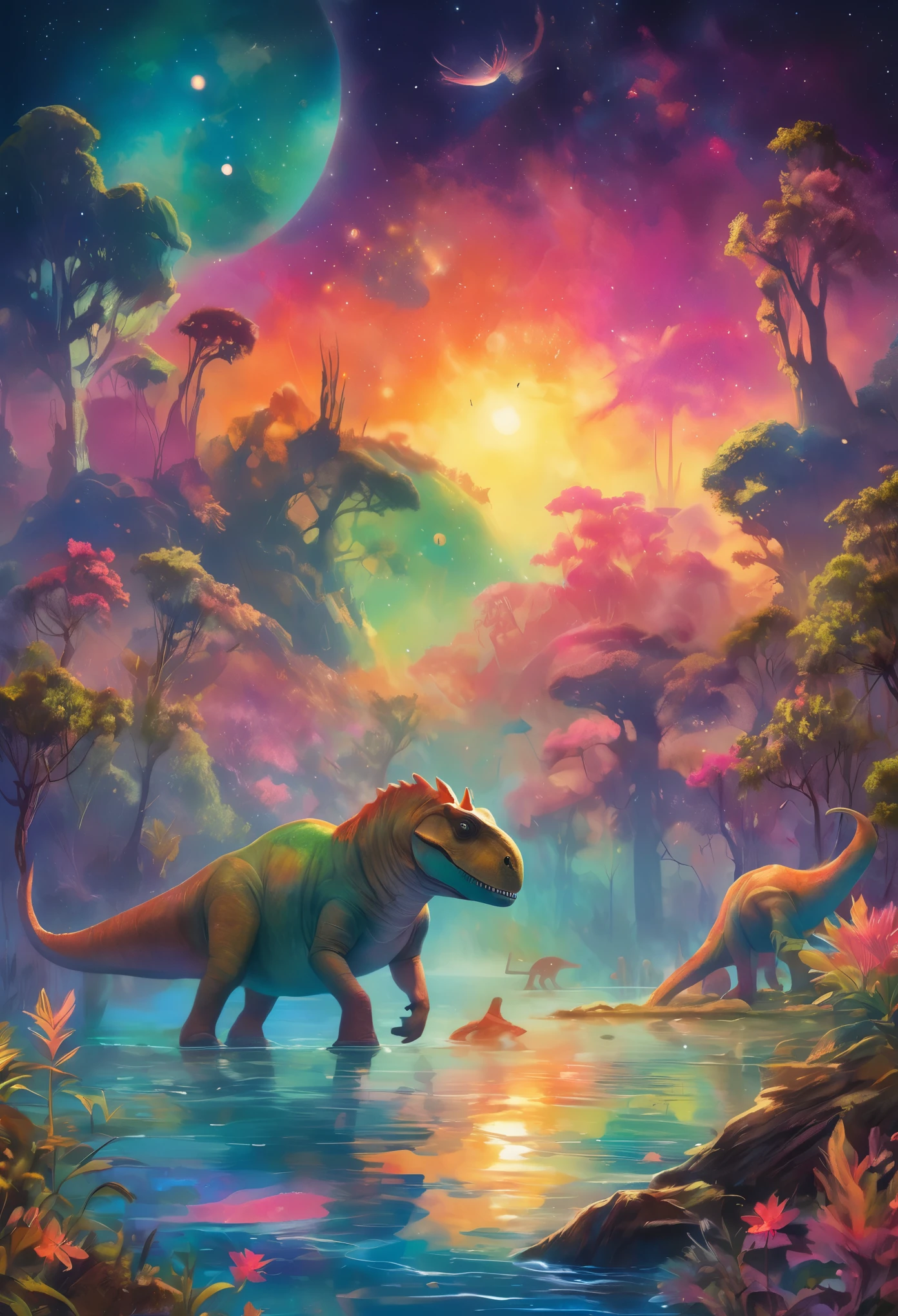 At the edge of a serene lagoon that reflects the colors of the cosmos, a family of multi-colored Parasaurolophuses grazes peacefully. The water shimmers with hues of pink, blue, and green, mirroring the vibrant patterns on the dinosaurs' skin. Surrounding the lagoon are plants that glow with an inner light, their leaves pulsing in sync with the rhythm of the universe. Above, planets and moons drift lazily across a star-studded sky, casting a tranquil glow over this idyllic, psychedelic scene.
, the scene is captured in dimly lit dark fantasy but vibrant colors, with bold ink lines defining form against the watercolor wash of the aged paper