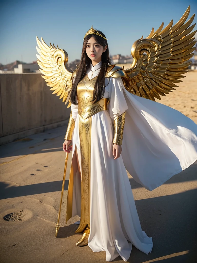 Portraits HD, 8k, jolies adolescentes chinoises vêtues de blanc et d&#39;or avec des ailes et une épée, (porter le hijab:1.2), (armure dorée entièrement en fer:1.2), cosplay ornéeur, comme une valkyrie mystique, le marin galaxie, Beau, Robes de prêtresse blanches et dorées, cosplay animéeur, cosplay glamoureur, avec des ailes dorées et ardentes, cosplayeur, cosplay professionneleur, Déesse de la Lumière, Zenra Taliyah, ange au corps entier, cosplayeurer, maquillage parfait, visage parfait, Beau face, Beau body,fond de ciel, smog, temps ensoleillé, éclairage, L&#39;atmosphère a l&#39;air réelle, Prise de vue de tout le corps exposé, ((prise de vue en angle frontal:1.0)), Cinématique, Ultra réaliste, professionnel, 