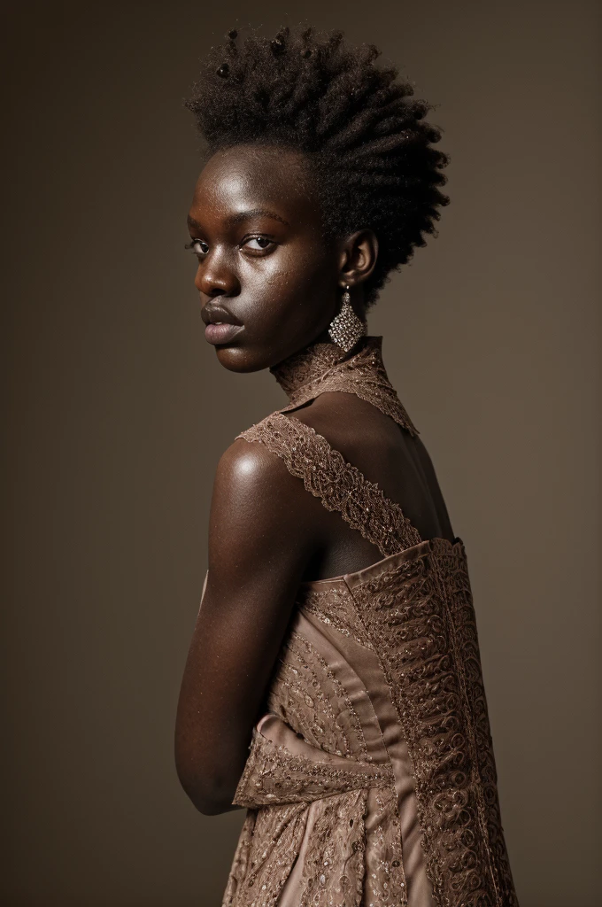 a beautiful young girl, AJAK DENG, 15 years old, 1girl, wide hips, photorealistic, extremely detailed, 8k, 32k, masterpiece, stunning portrait, stunning facial features, beautiful eyes, beautiful lips, flawless skin, beautiful hair, elegant pose, dramatic lighting, cinematic composition, highly detailed, ultra-realistic, vibrant colors, seamless blending, natural skin texture, hyper-realistic, White short Victorian Lace High Collar dress voir à travers, regard malicieux, joues roses, lèvres brillantes, talons hauts