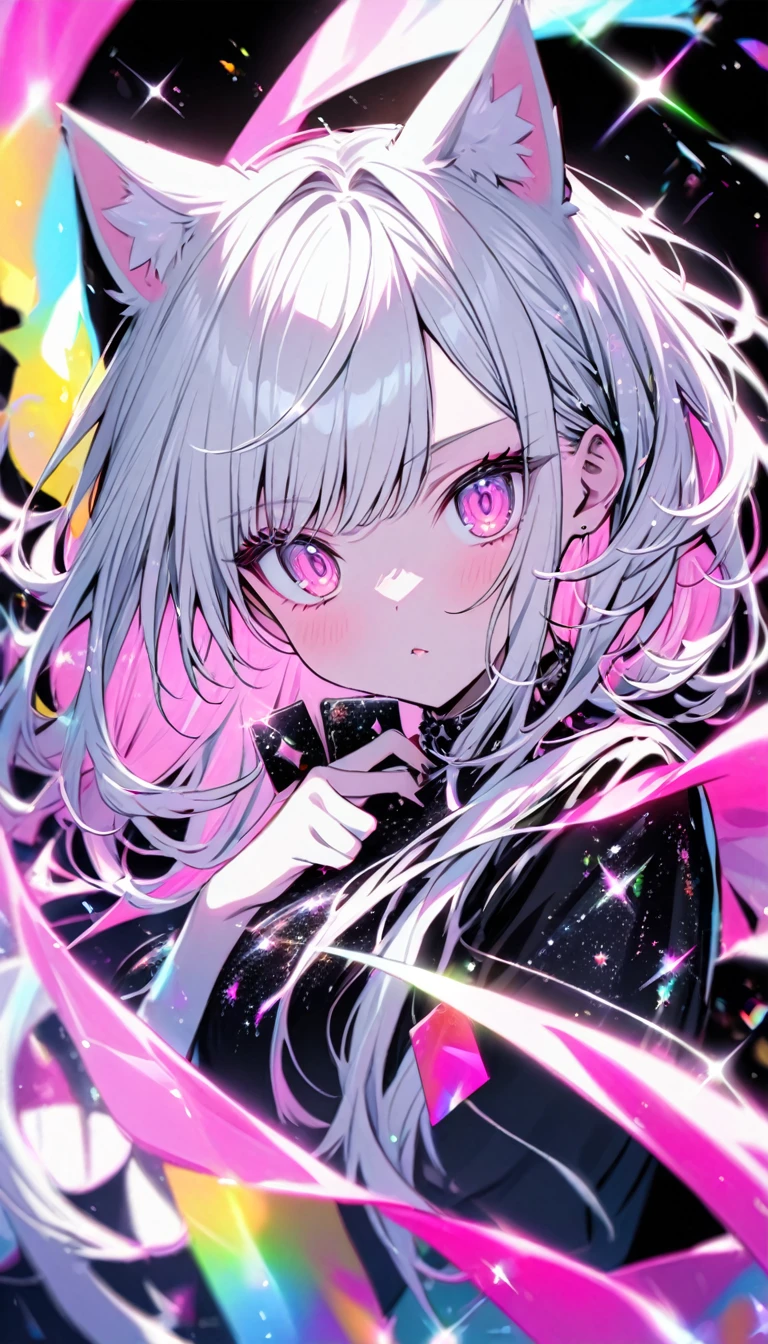 pretty girl,Cat ear, Beautiful silver hair,Pink inside,Beautiful pink eyes,with glitter, and a black background around the card, clear coloring, and colorful