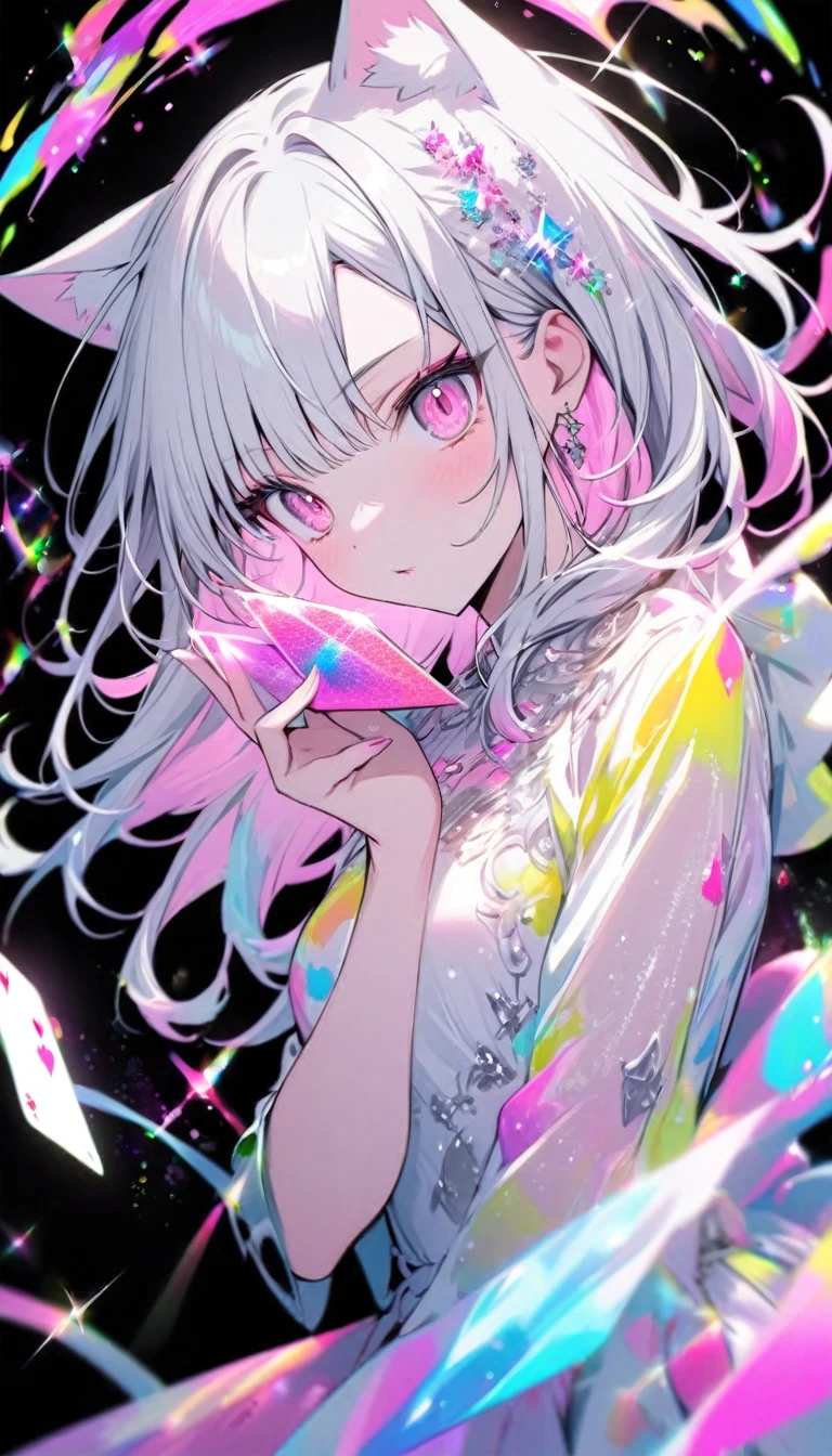 pretty girl,Cat ear, Beautiful silver hair,Pink inside,Beautiful pink eyes,with glitter, and a black background around the card, clear coloring, and colorful