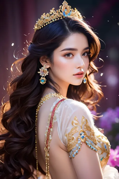 An ethereal Indian princess with an otherworldly beauty that is both captivating and enigmatic. Her features are delicately alie...