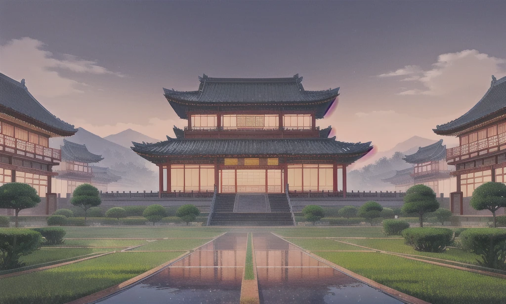  中國傳統建築"， 歷史悠久的宮殿外觀，陰天，有樹木和燈籠的寧靜花園，遠處有山，抬頭看，宮崎駿，吉卜力風格，多雲的氣氛，池塘，水草

