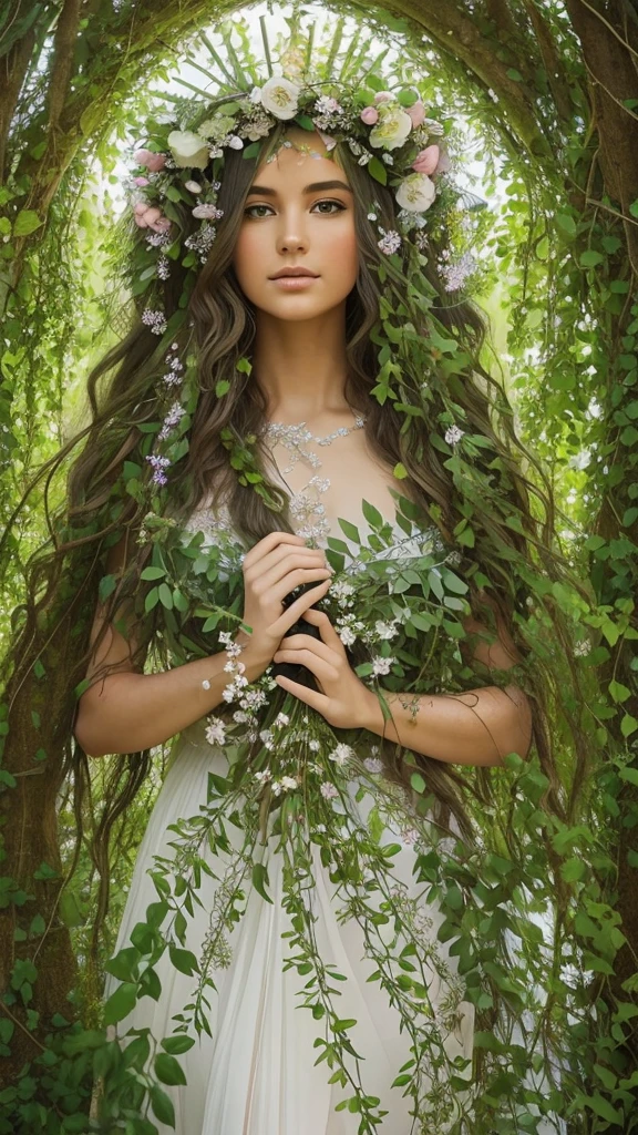 The Nature Goddess embodies serene beauty and harmony. She has flowing hair adorned with flowers, leaves, and vines. Her gown, woven from delicate petals and greenery, blends seamlessly with her surroundings. Radiating a gentle glow, her eyes reflect the wisdom of the earth. She stands amidst blooming flora and fauna, symbolizing life and renewal.