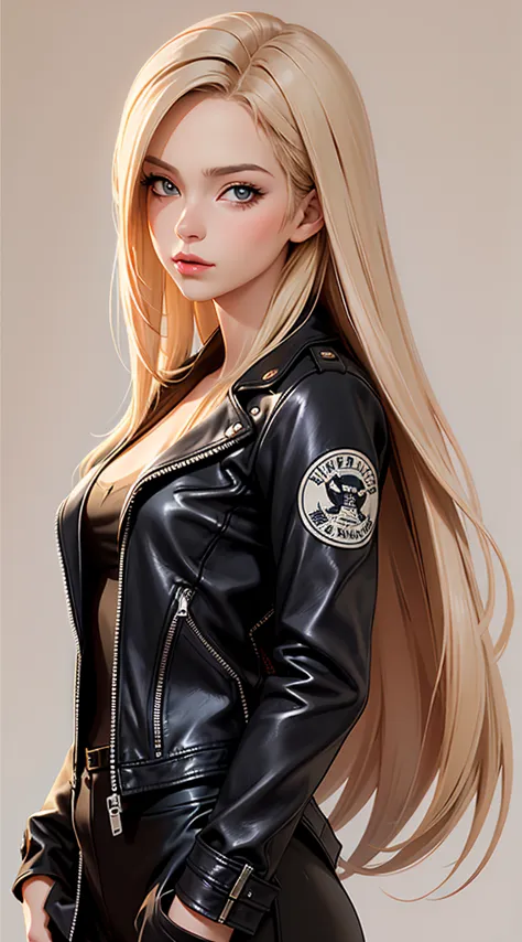 portrait of a beautiful american girl, looking at the viewer, bad chick, narcissism, selfish, elegant, leather jacket, long blon...