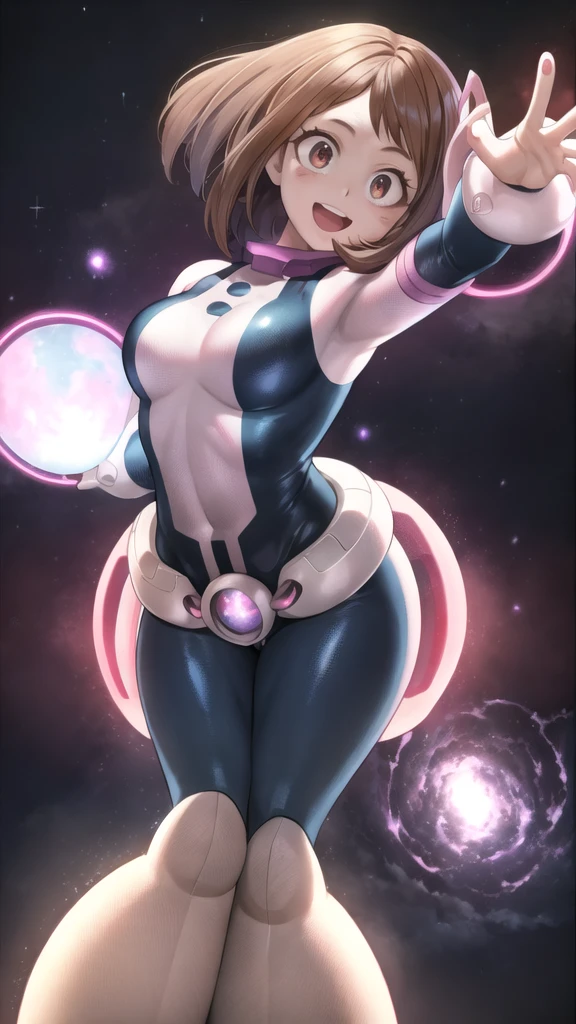 Um belo e detalhado retrato de personagem de Ochako, cabelo castanho, maiô, botas, de pé, cinto, fora, feliz, excitado,posando,Fundo da nebulosa,Sozinho, iluminação cinematográfica, sombreado
