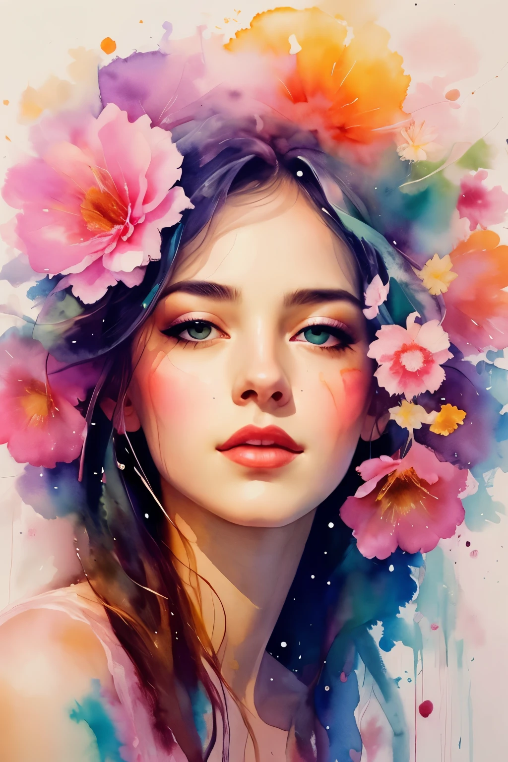 uma pintura abstrata em aquarela de agnes cecile，Representa a fusão de uma mulher e uma flor, design luminoso, Cores suaves, gotas de tinta, luzes de verão, contato duplo, artístico, estética, Unique