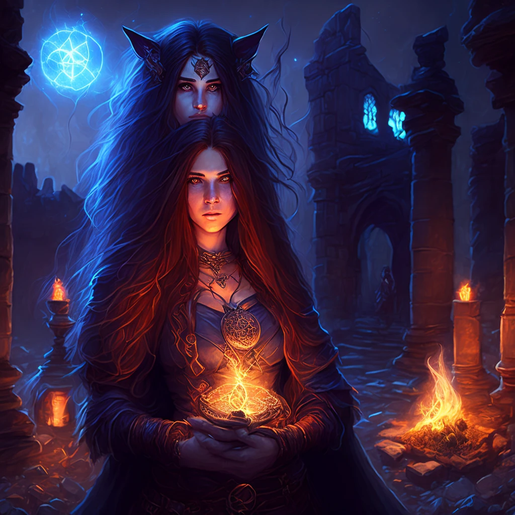 Dungeons And Dragons,furry young beautiful female ratman, ,long hair,wide hips,Big bust,Hair,witch,engaged in occultism in the ruins,pentagram drawn on the ground, casts a spell,the city is visible in the background,night,