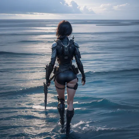 (full body, 1girl, solo, highly detailed, anatomy correct, from behind, crossbow in the back, a shoreline, taken from the distan...