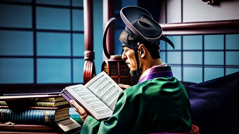 Back view of a japanese man wearing a purple kimono and an old black hat reading an old brown japanese book, centered, scale fit...