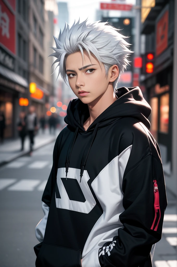 Meisterwerk, beste Qualität, gute Qualität, 1 Junge, Allein, männlicher Fokus, Betrachter betrachten, Oberkörper, hitsugaya_toushirou, trage Streetwear Hoodie, dynamische Beleuchtung, unscharfer Hintergrund