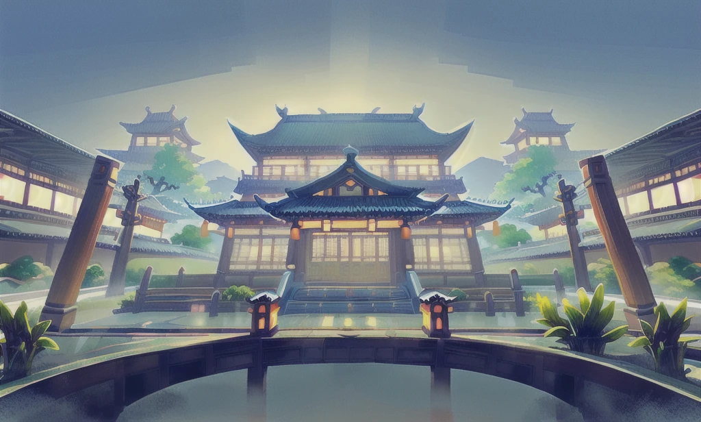  Traditional Chinese architecture"， Historical palace exterior，Overcast sky，Serene garden with trees and lanterns，There are mountains in the distance，Looking up，Hayao Miyazaki，Ghibli style，Cloudy atmosphere，pond，Waterweed

