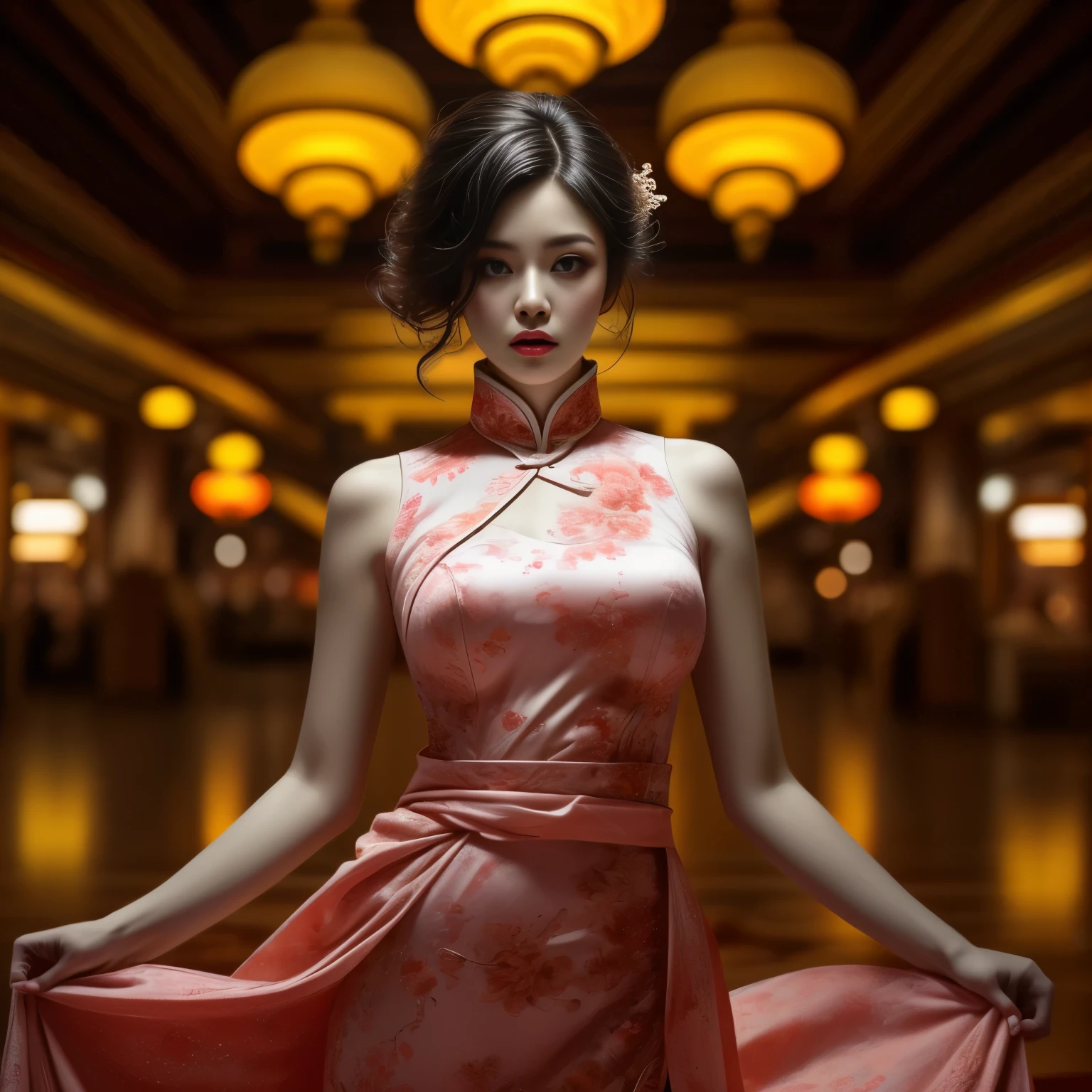 Kung Fu Master_One incredibly beautiful young woman with an incredibly beautiful figure、(Aiming an M4A1 - Assault Rifle - at the viewer:1.4)、Large Breasts、Tight waist、Big eyes、Short pink hair、Long limbs、Glowing Skin、Wearing a colorful, detailed, form-fitting Chinese dress、At the Casino、Facing the viewer、Very detailed、Photorealistic、Cinematic lighting、Dramatic composition、Bright colors、Desaturate the background、Super detailed、8K、masterpiece