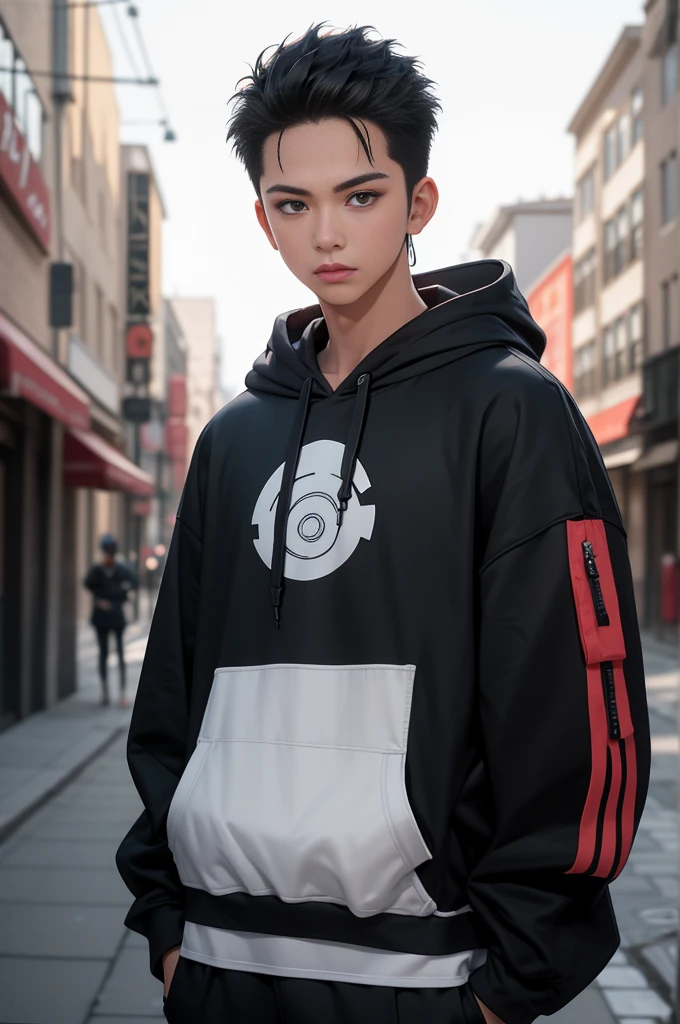 masterpiece, best quality, high quality, 1boy, solo, male focus, looking at viewer, upper body, roronoa_zoro, wearing Streetwear Hoodie, dinamic lighting, blurry background