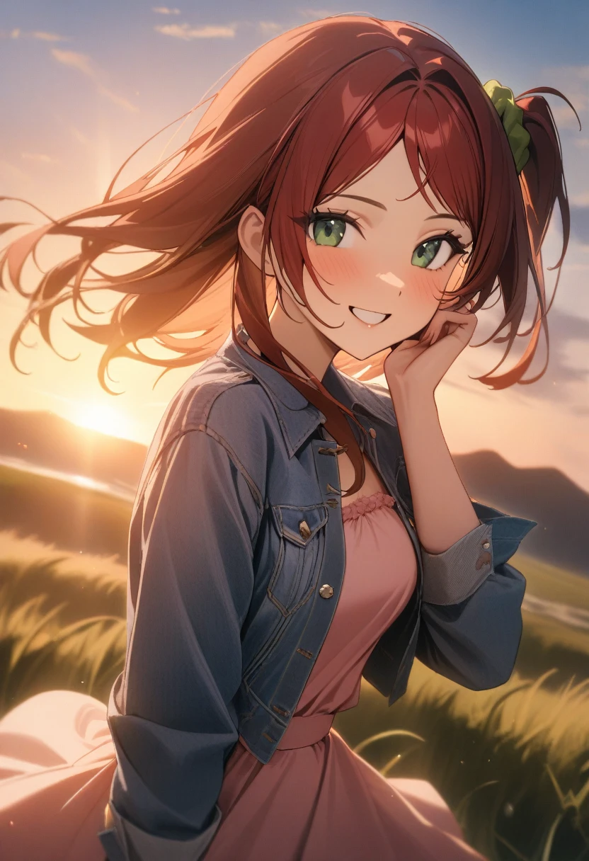 1girl, sakimiya iruka, dolphin wave, green eyes, red hair, one side up, hair ornament, green scrunchie,
pink dress, denim jacket, hand on own cheek, smile, sunrise, grass, wind,
masterpiece, best quality, very aesthetic, newest, cinematic lighting, highres, absurdres, incredibly absurdres 