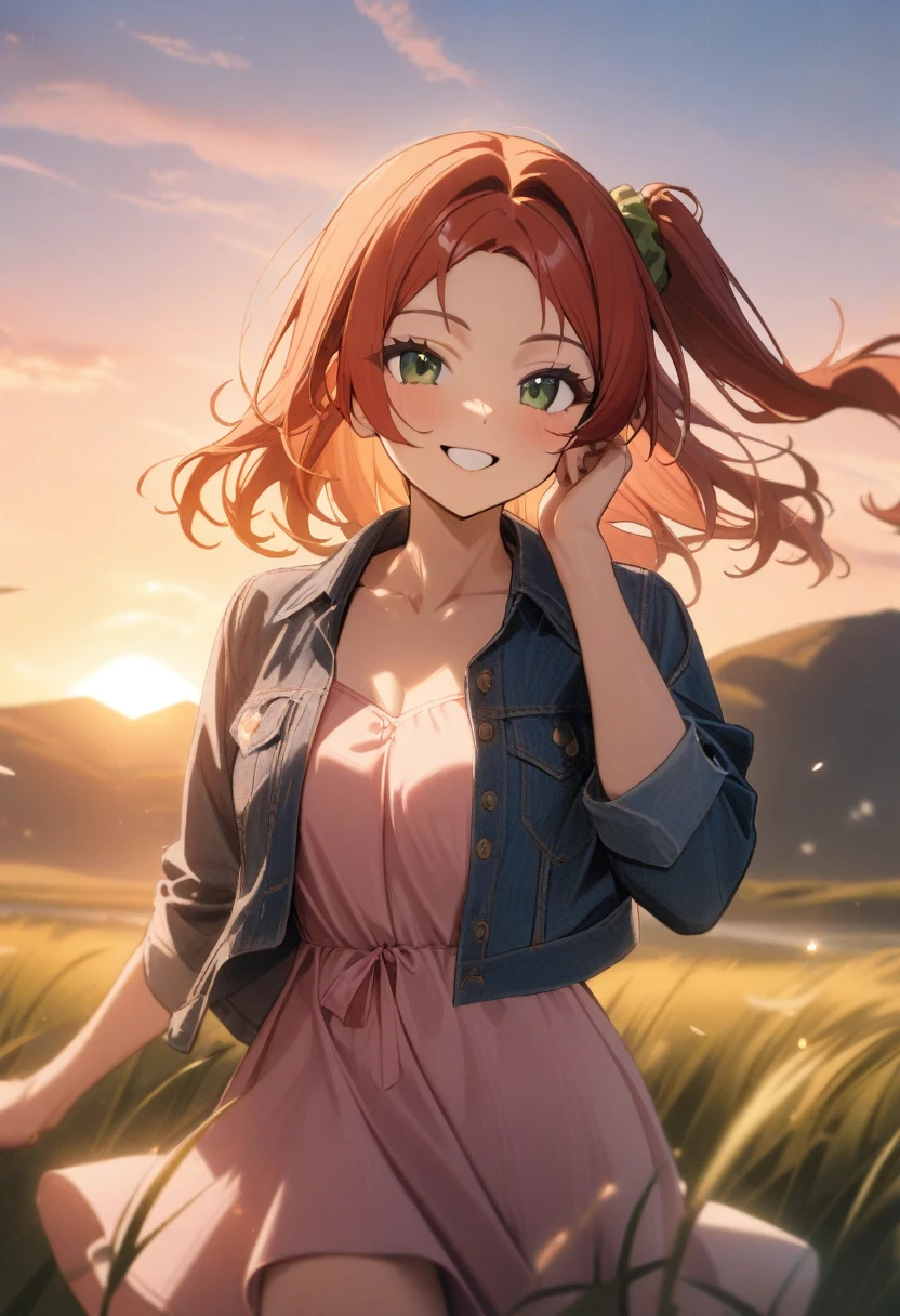 1girl, sakimiya iruka, dolphin wave, green eyes, red hair, one side up, hair ornament, green scrunchie,
pink dress, denim jacket, hand on own cheek, smile, sunrise, grass, wind,
masterpiece, best quality, very aesthetic, newest, cinematic lighting, highres, absurdres, incredibly absurdres 