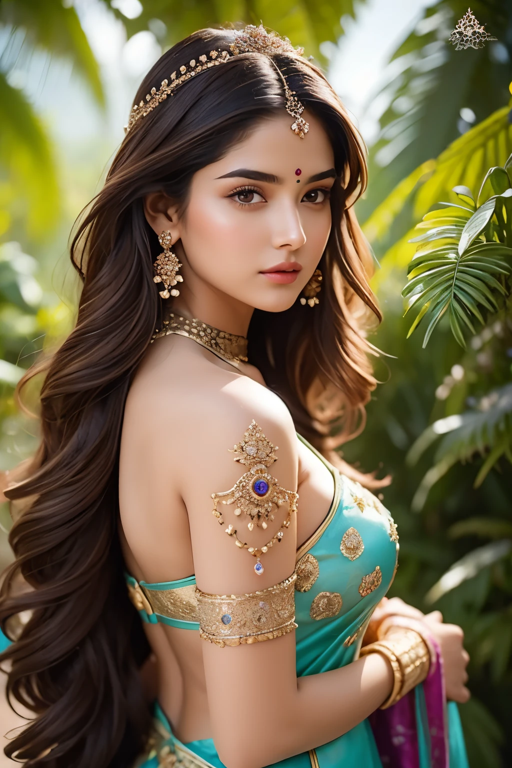 An ethereal Indian princess with an otherworldly beauty that is both captivating and enigmatic. Her features are delicately alien, with large, mesmerizing eyes that seem to glow with an inner light. The iridescent skin shimmers in hues of sapphire and amethyst, reflecting the vibrant colors of her intricately patterned clothing. The princess stands regally, her posture exuding gentle elegance and an air of royal dignity. Her long, flowing hair cascades down her back like a waterfall of black silk, adorned with precious gemstones that catch the light and add to the image's dazzling display. The background is a lush, tropical paradise, filled with exotic flora and fauna that seem to spring forth from the canvas itself. The princess's crown, ornate and intricate, rests gracefully upon her head, completing the stunning portrait that blends fantasy and science fiction into a richly imaginative world.