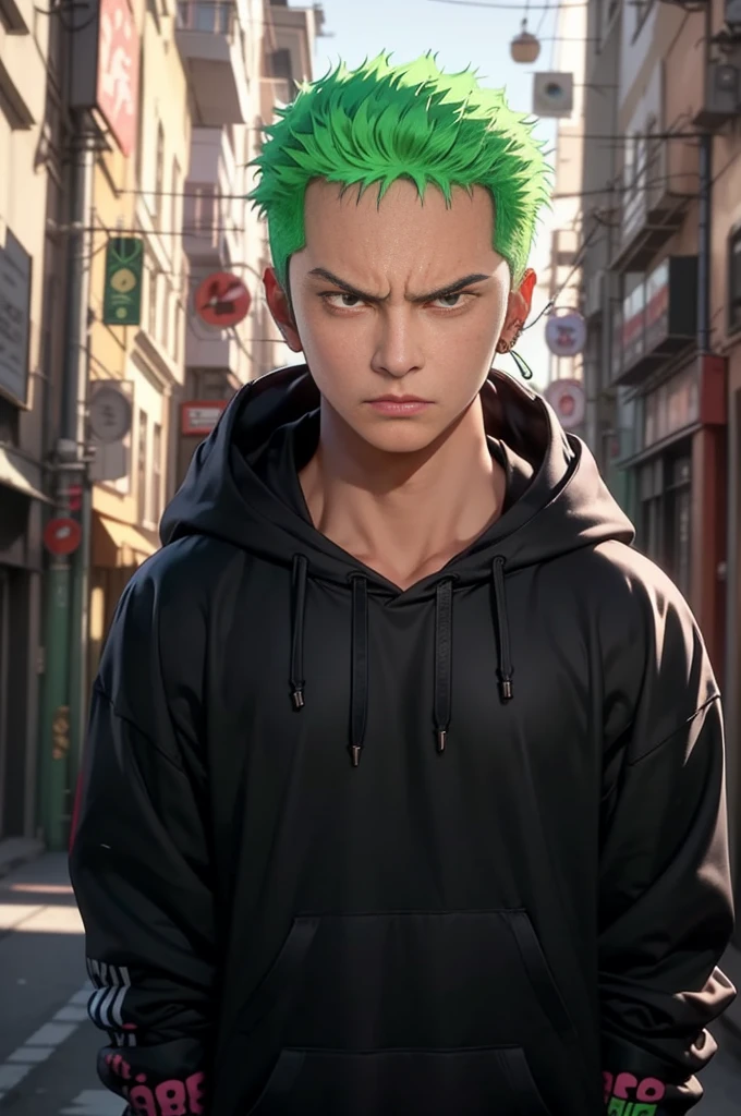 a highly detailed portrait of roronoa zoro, a young man with green hair and piercing eyes, wearing a streetwear hoodie, looking directly at the viewer with a dynamic and intense expression, blurred background, masterpiece, best quality, high quality