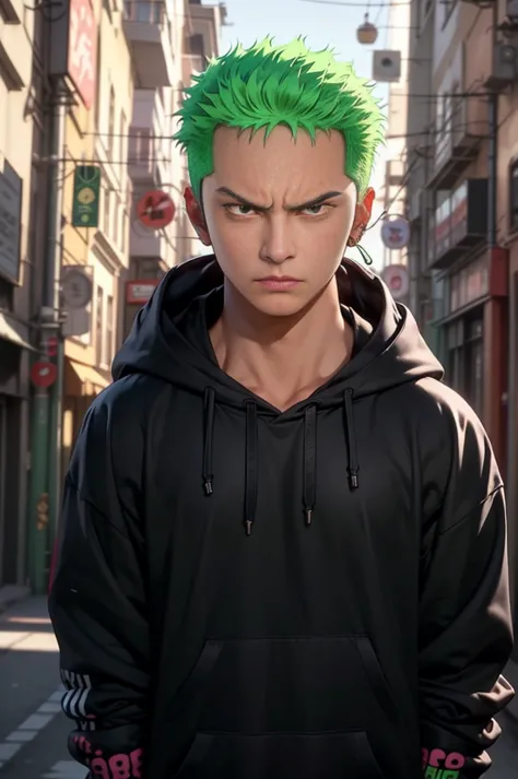 a highly detailed portrait of roronoa zoro, a young man with green hair and piercing eyes, wearing a streetwear hoodie, looking ...