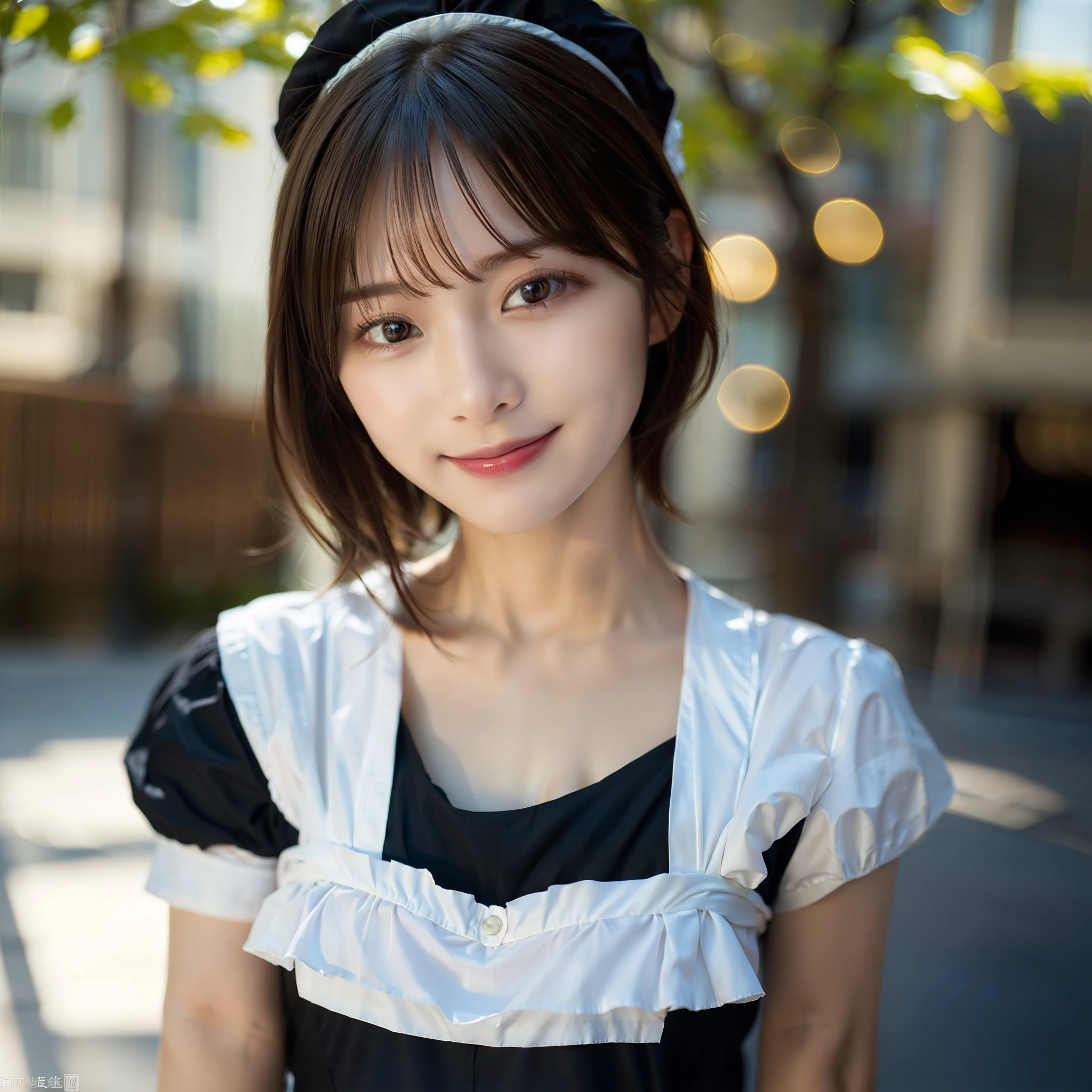 top-quality、8K Masterpiece、超A high resolution、(Photorealsitic:1.3)、Raw photo、女の子1人、Short bob hair、glowy skin、maid clothes、((super realistic details))、portlate、globalillumination、octan render、in 8K、ultrasharp、Beautiful breasts、highly intricate detail、Realistic light、CGSoation Trends、beautidful eyes、radiant eyes、Facing the camera、Spiteful smile