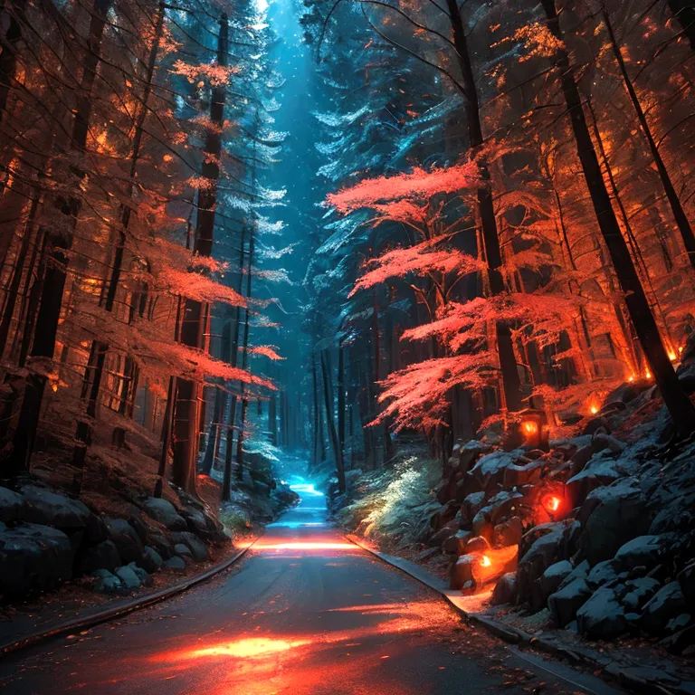 a bright light image with a red and gold border in the lower right corner looks like a road，extending to the fairyland forest in...