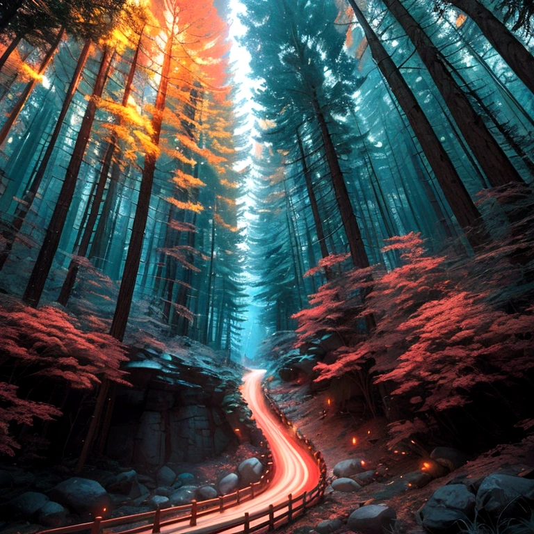 右下角有紅色和金色邊框的明亮光圖像看起來像一條路，延伸到左上角的仙境森林，強烈的色彩對比，大型遊戲CG場景，光繪渲染，遠射，潑墨藝術
