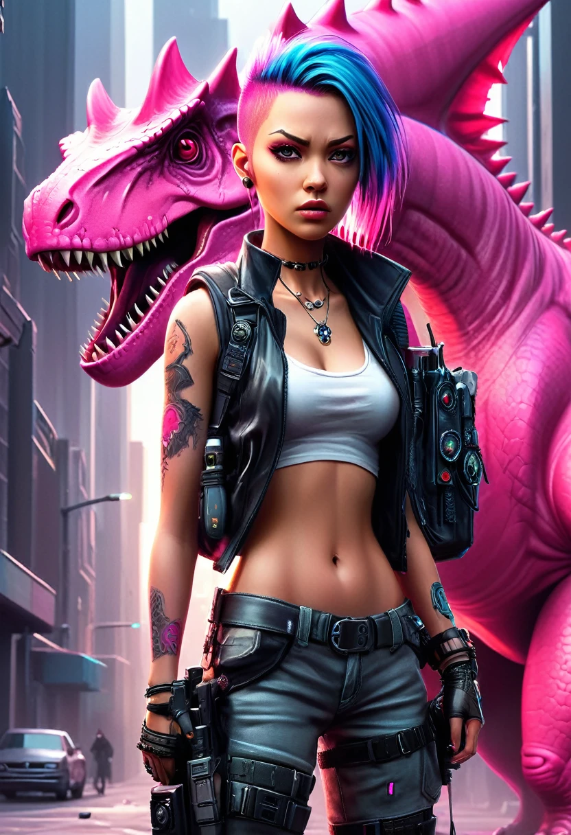 realistic horror anime style, Cybergoth street fashion portrait, a young woman with hyper-realistic features and Cyberpunk accessories, standing resiliently against a dystopian, Aggressive defiant posture, angry grimace, Pink Dinosaur tattoos, style Kelley Jones, Large eyepieces, sign Pink Dinosaur, holster. illuminated by dramatic Richard Phillips style cascading lighting. Digital painting, liberally using contrasting warm tones to emphasize a whimsically post-apocalyptic ambience, meticulously detailed face in clear focus, ultra-realistic precise anatomy with a detailed clear focus on her beautiful face, high contrast, cinematic. High Resolution, High Quality , Masterpiece