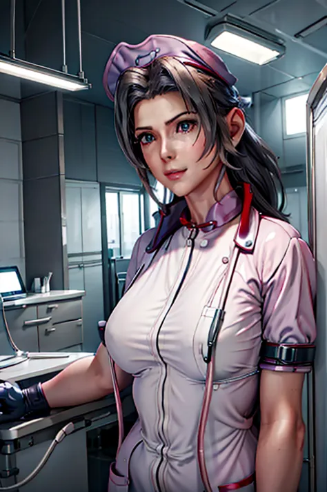 nurse uniform,hospital, latex nurse suit,nurses,busty,elbow gloves,labcoat,grey hair woman,red eyes , gigantic ,medical instrume...