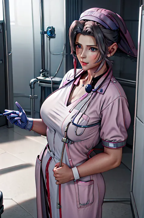 nurse uniform,hospital, latex nurse suit,nurses,busty,elbow gloves,labcoat,grey hair woman,red eyes , gigantic ,medical instrume...