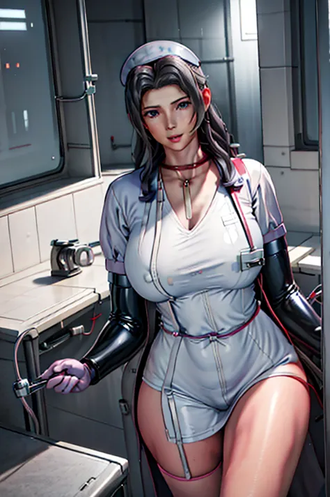 nurse uniform,hospital, latex nurse suit,nurses,busty,elbow gloves,labcoat,grey hair woman,red eyes , gigantic ,medical instrume...