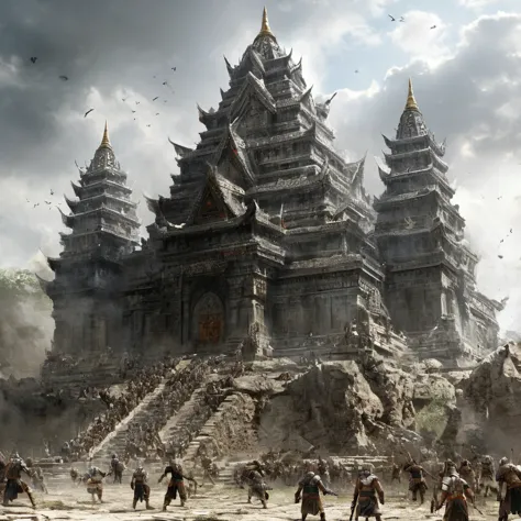 ((best quality)), ((masterpiece)), ((realistic,digital art)), (super detailed), (great temple of war god), view from the ground,...
