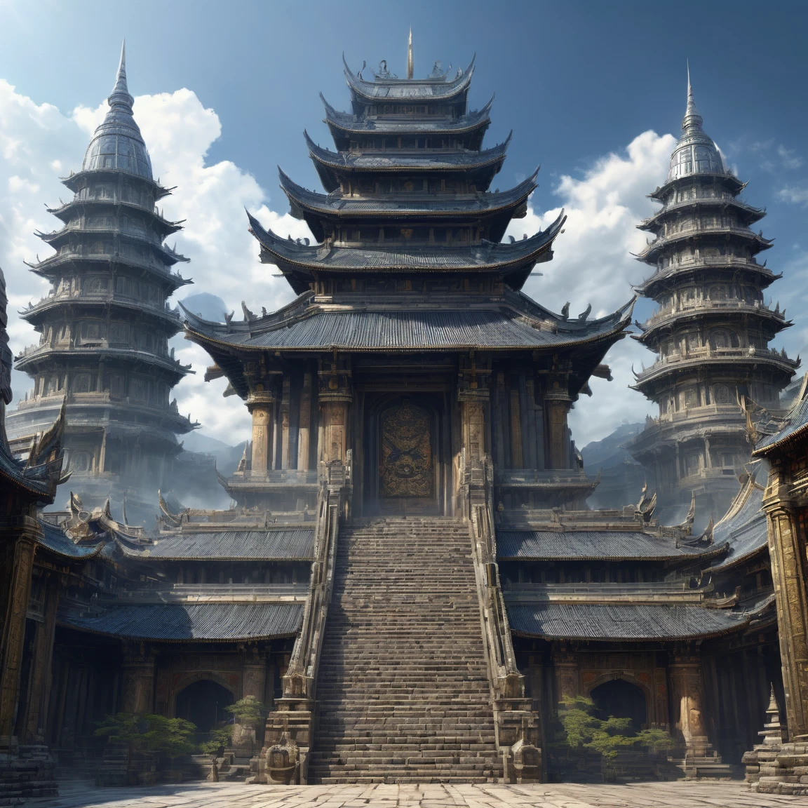 ((best quality)), ((masterpiece)), ((realistic,digital art)), (super detailed), (great temple of war god), view from the ground, (style medieval fantasy)