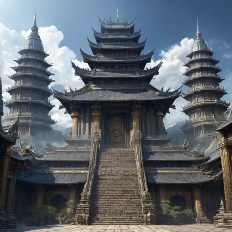 ((best quality)), ((masterpiece)), ((realistic,digital art)), (super detailed), (great temple of war god), view from the ground,...