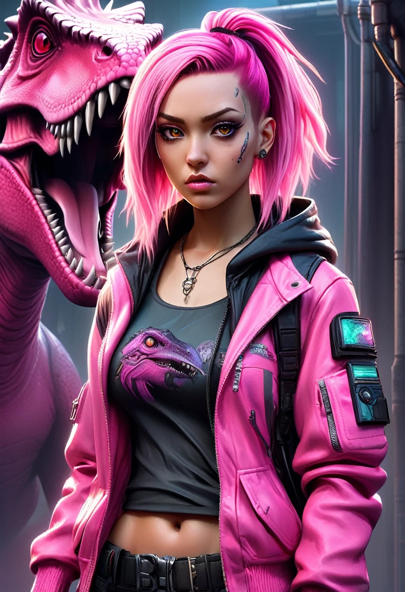 realistic horror anime style, Cybergoth street fashion portrait, a young woman with hyper-realistic features and Cyberpunk accessories ,sign Pink Dinosaur on jacket, standing resiliently against a dystopian, Aggressive defiant posture, angry grimace, Pink Dinosaur tattoos, style Kelley Jones, Large eyepieces, , holster. illuminated by dramatic Richard Phillips style cascading lighting. Digital painting, liberally using contrasting warm tones to emphasize a whimsically post-apocalyptic ambience, meticulously detailed face in clear focus, ultra-realistic precise anatomy with a detailed clear focus on her beautiful face, high contrast, cinematic. High Resolution, High Quality , Masterpiece