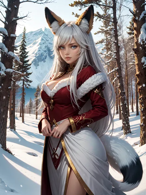 {extremely delicate and beautiful girl}, 8K Wallpaper, {{{masutepiece}}},Red Eyes,White hair,Long hair,(Fox Girl:1.4) , forest,t...