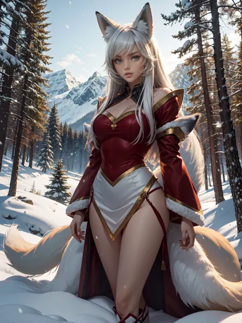 {extremely delicate and beautiful girl}, 8K Wallpaper, {{{masutepiece}}},Red Eyes,White hair,Long hair,(Fox Girl:1.4) , forest,t...