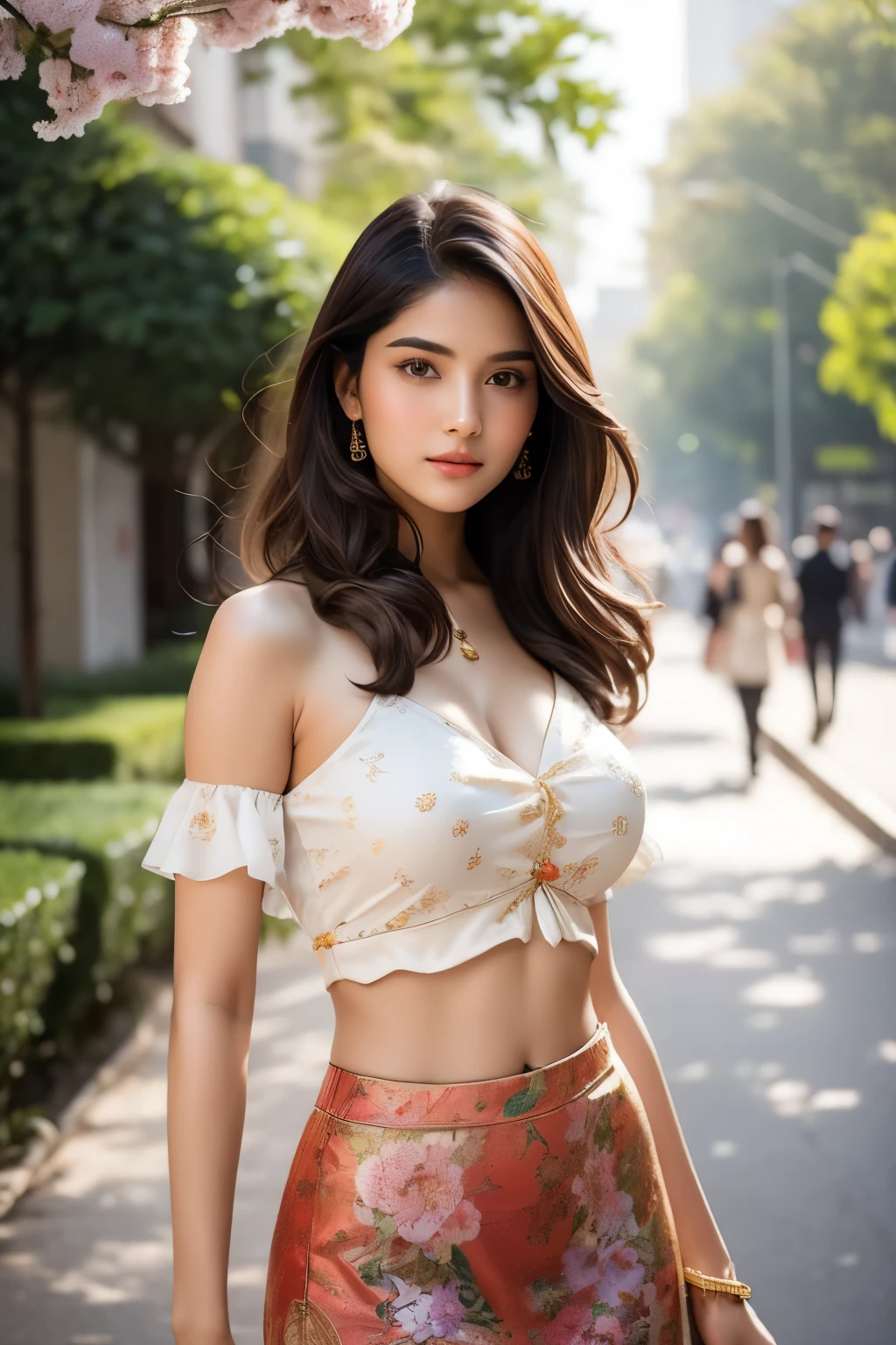A stunning Indian teen top model, gracefully posing in the heart of a bustling city during the vibrant spring season. Dressed in a chic outfit that exudes elegance and sophistication, she wears a white cotton bolero, accentuating her slender shoulders and collarbones. Her top, inspired by the classic style of John Singer Sargent or Ishitaka Amano, features a deep neckline that hints at her toned midriff, drawing attention to her alluring figure. The paisley pencil skirt, reminiscent of the work of Alexandre-Jacques Chantron or William-Adolphe Bouguereau, perfectly complements her top, accentuating her hourglass silhouette. Accessorized with fashionable jewelry, stylish sunglasses, and a headband, she exudes confidence and poise. The background of the image reveals the urban landscape, with towering buildings, lush greenery, and blooming cherry blossom trees in the distance, creating a serene yet lively atmosphere. The model is expertly captured on a Hasselblad X1D II camera, showcasing her flawless skin tone and radiant beauty in high-definition clarity. The overall composition and lighting of the photo evoke the timeless elegance of Auguste Renoir or Paul Peel, while also incorporating modern elements, such as the cityscape and contemporary fashion. The image is reminiscent of the works of John William Waterhouse, Han-Wu Shen, Kei Mieno, Ikushima Hiroshi, Chakrapan Posayakrit, Kim Jung Gi, and WLOP, yet maintains its unique and captivating style.